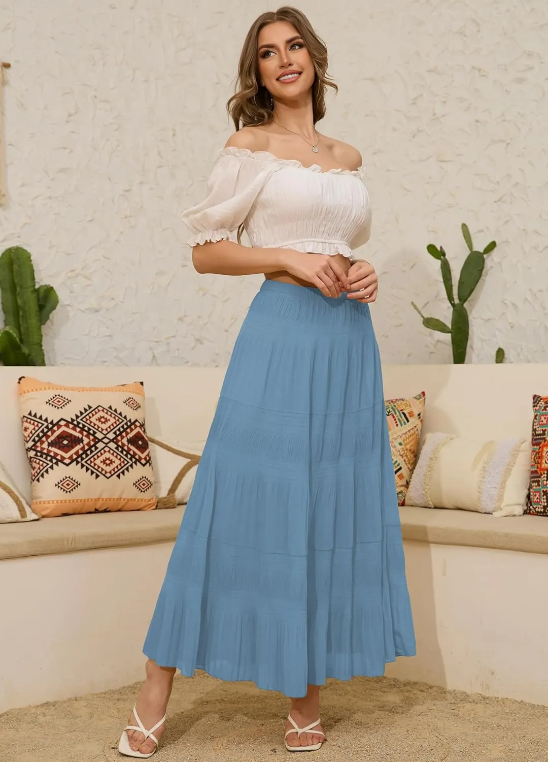 Women's Chiffon White Flowy Maxi Skirts Boho Summer Elastic Waisted Pleated A Line Long Skirt for Women 2025