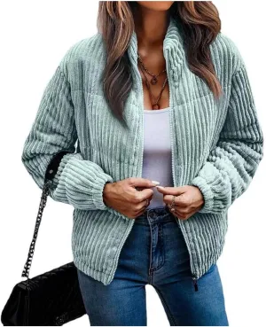 Womens Corduroy Puffer Jacket Zip Up Long Sleeve Jacket Stand Collar Ribbed Quilted Jacket Padded Winter Warm Coat