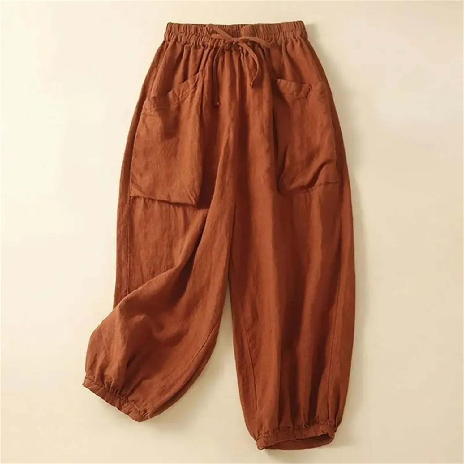 Women's Cotton Linen Casual Pants  Solid Color Elastic Drawstring Waist Wide-Leg with Pockets Summer Trousers