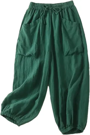 Women's Cotton Linen Casual Pants  Solid Color Elastic Drawstring Waist Wide-Leg with Pockets Summer Trousers