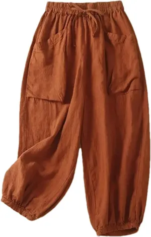 Women's Cotton Linen Casual Pants  Solid Color Elastic Drawstring Waist Wide-Leg with Pockets Summer Trousers