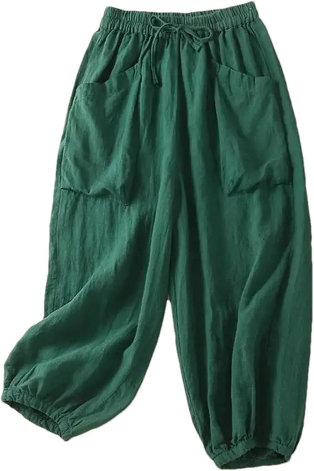 Women's Cotton Linen Casual Pants  Solid Color Elastic Drawstring Waist Wide-Leg with Pockets Summer Trousers
