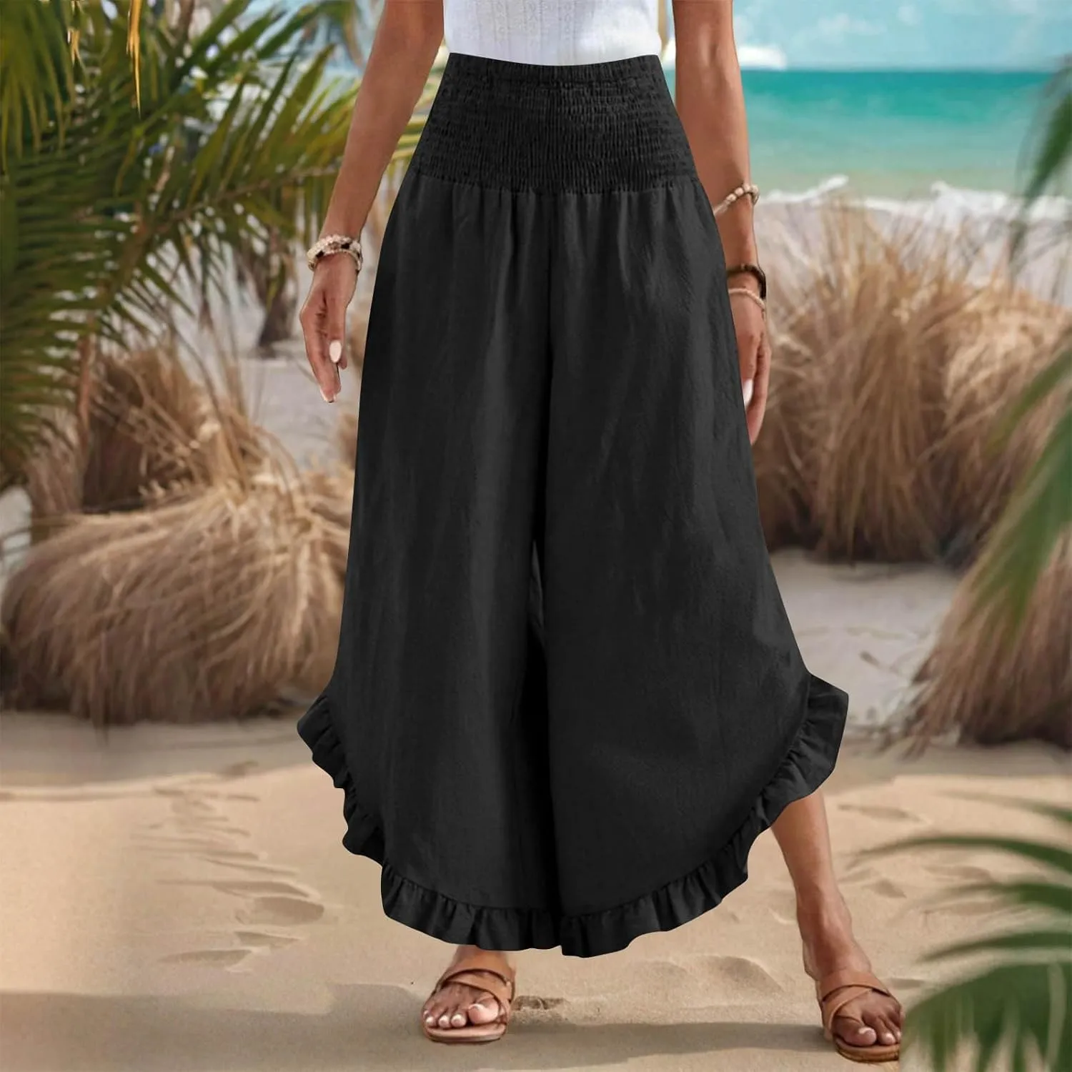 Women's Cotton Linen Pant Summer Wide Leg Trousers Casual Elastic Drawstring High Waist Palazzo Pants Pockets S-XXL