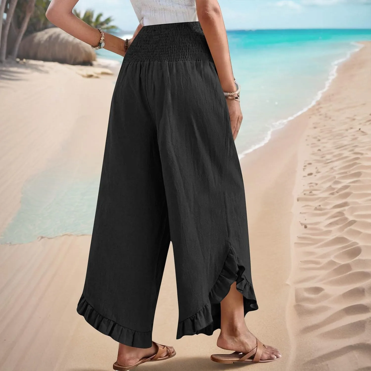 Women's Cotton Linen Pant Summer Wide Leg Trousers Casual Elastic Drawstring High Waist Palazzo Pants Pockets S-XXL