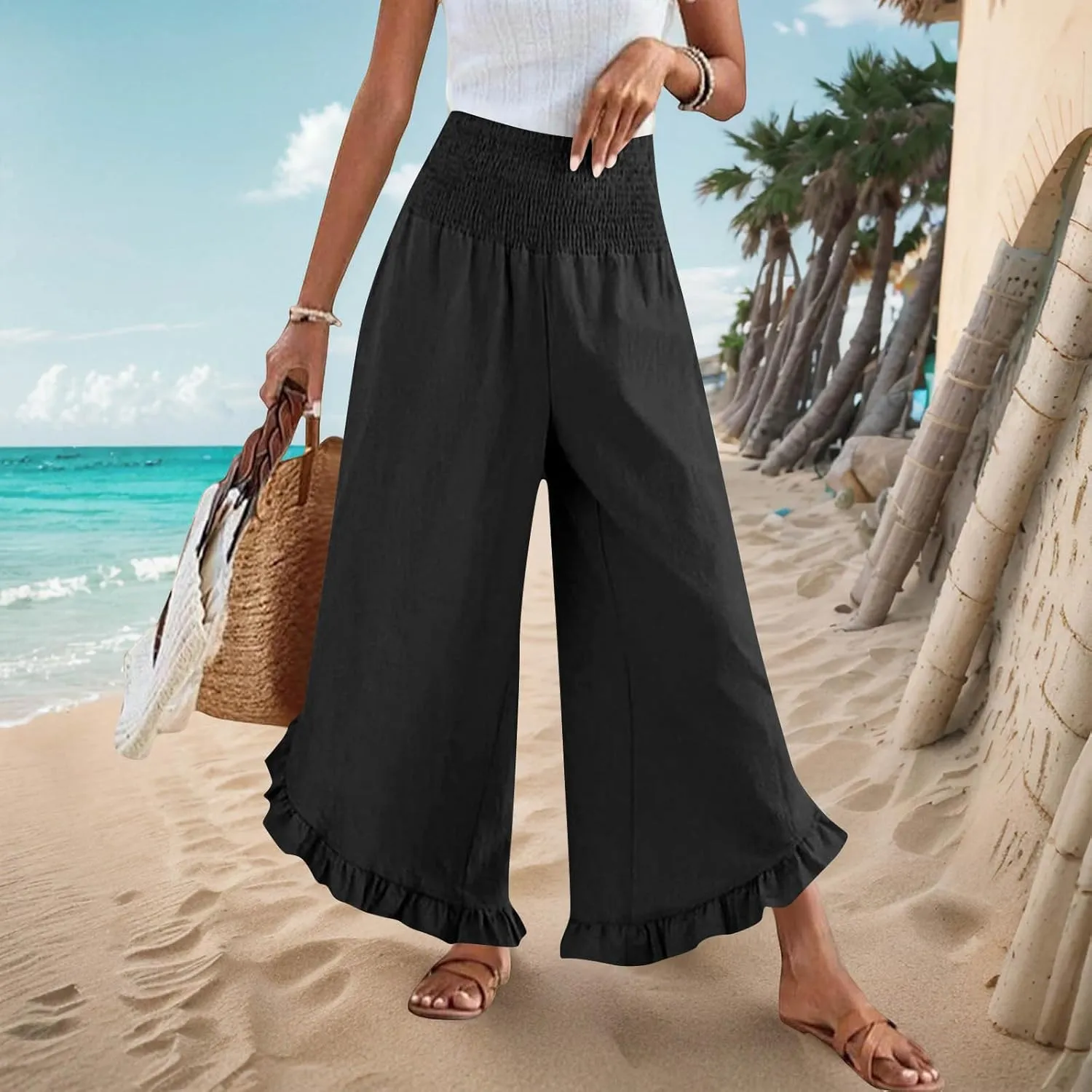 Women's Cotton Linen Pant Summer Wide Leg Trousers Casual Elastic Drawstring High Waist Palazzo Pants Pockets S-XXL