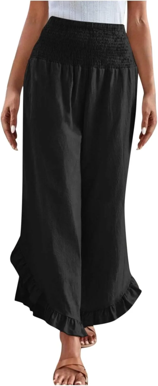 Women's Cotton Linen Pant Summer Wide Leg Trousers Casual Elastic Drawstring High Waist Palazzo Pants Pockets S-XXL