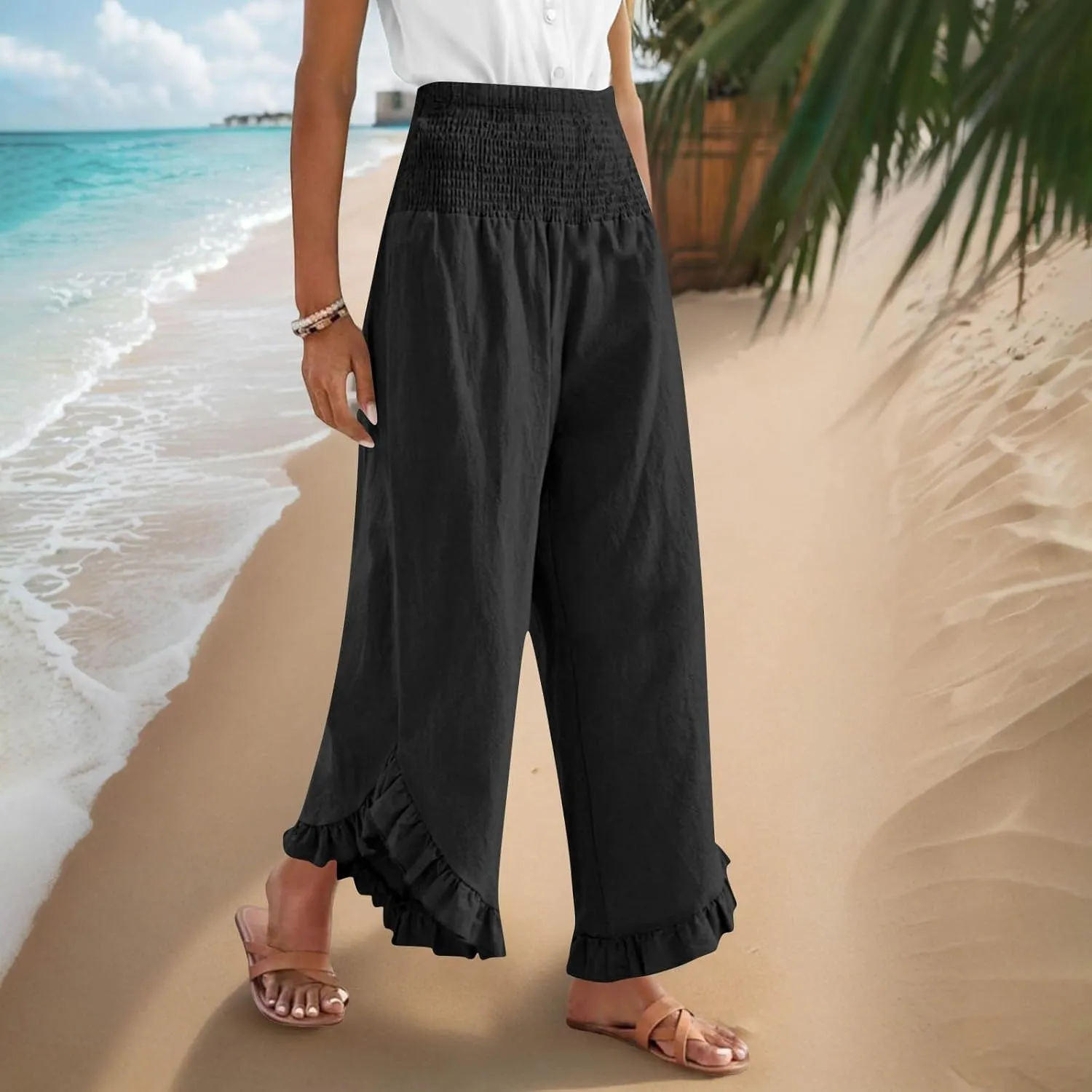 Women's Cotton Linen Pant Summer Wide Leg Trousers Casual Elastic Drawstring High Waist Palazzo Pants Pockets S-XXL