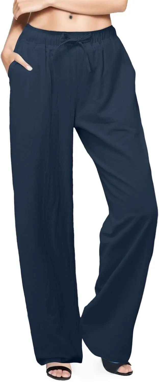 Women's Cotton Linen Pants Summer Drawstring Waist Wide Leg Trousers Casual Loose Fit Palazzo Pants Beach Pants