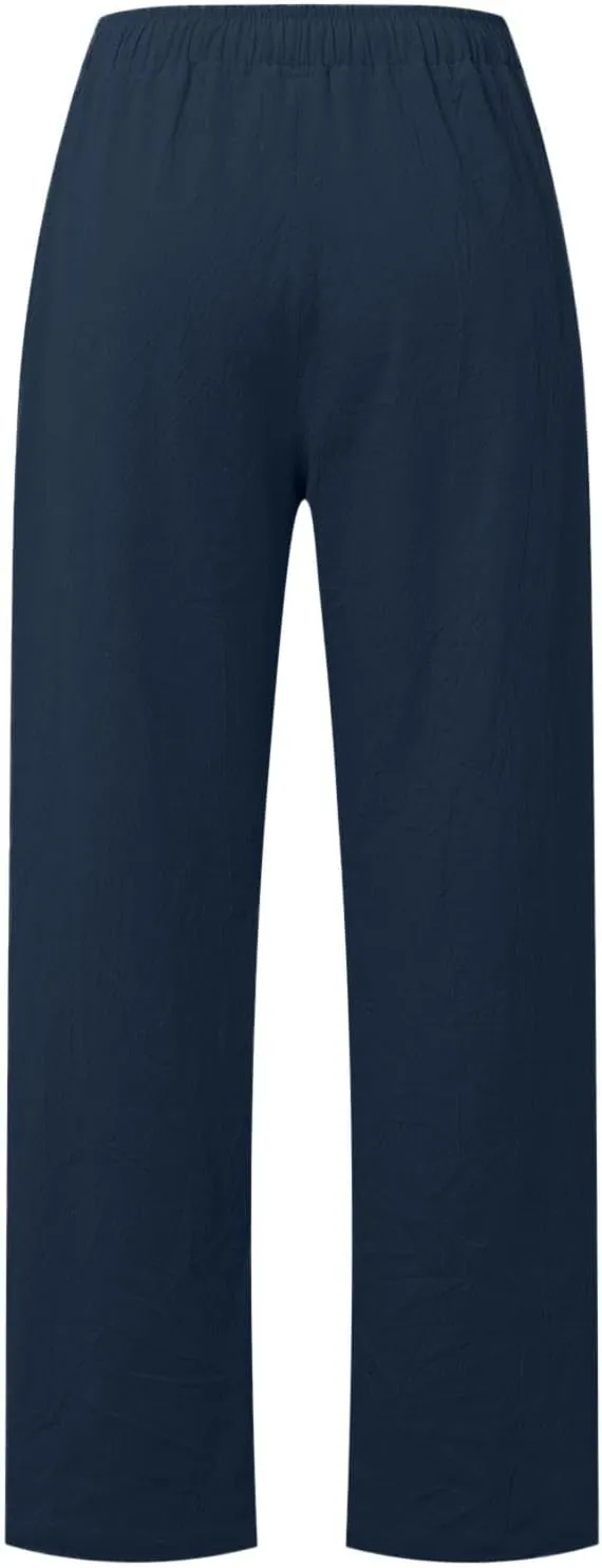 Women's Cotton Linen Pants Summer Drawstring Waist Wide Leg Trousers Casual Loose Fit Palazzo Pants Beach Pants