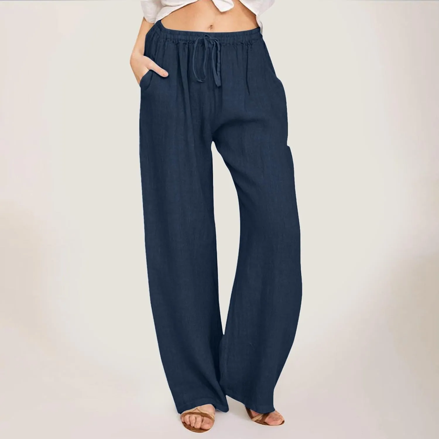 Women's Cotton Linen Pants Summer Drawstring Waist Wide Leg Trousers Casual Loose Fit Palazzo Pants Beach Pants