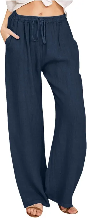 Women's Cotton Linen Pants Summer Drawstring Waist Wide Leg Trousers Casual Loose Fit Palazzo Pants Beach Pants