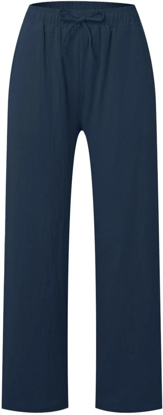 Women's Cotton Linen Pants Summer Drawstring Waist Wide Leg Trousers Casual Loose Fit Palazzo Pants Beach Pants