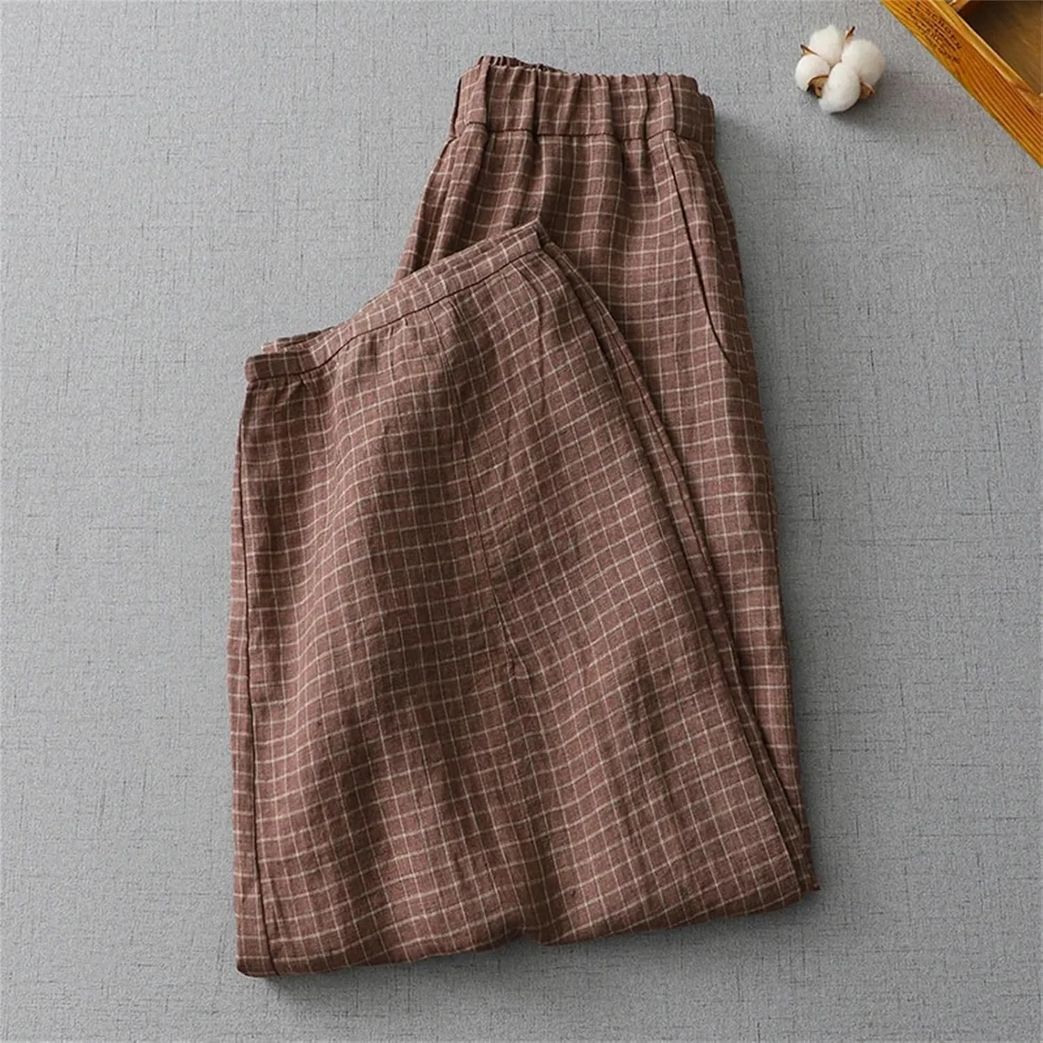 Women's Cotton Linen Plaid High Waist Pants  Summer Casual Loose Fit Wide Leg Straight Trousers