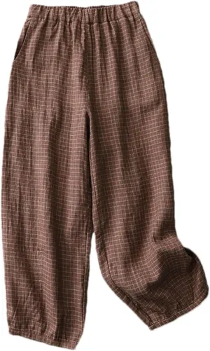 Women's Cotton Linen Plaid High Waist Pants  Summer Casual Loose Fit Wide Leg Straight Trousers