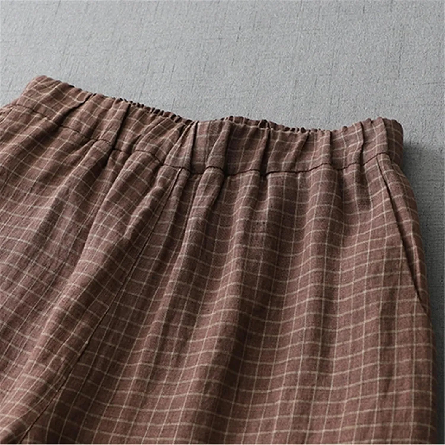 Women's Cotton Linen Plaid High Waist Pants  Summer Casual Loose Fit Wide Leg Straight Trousers