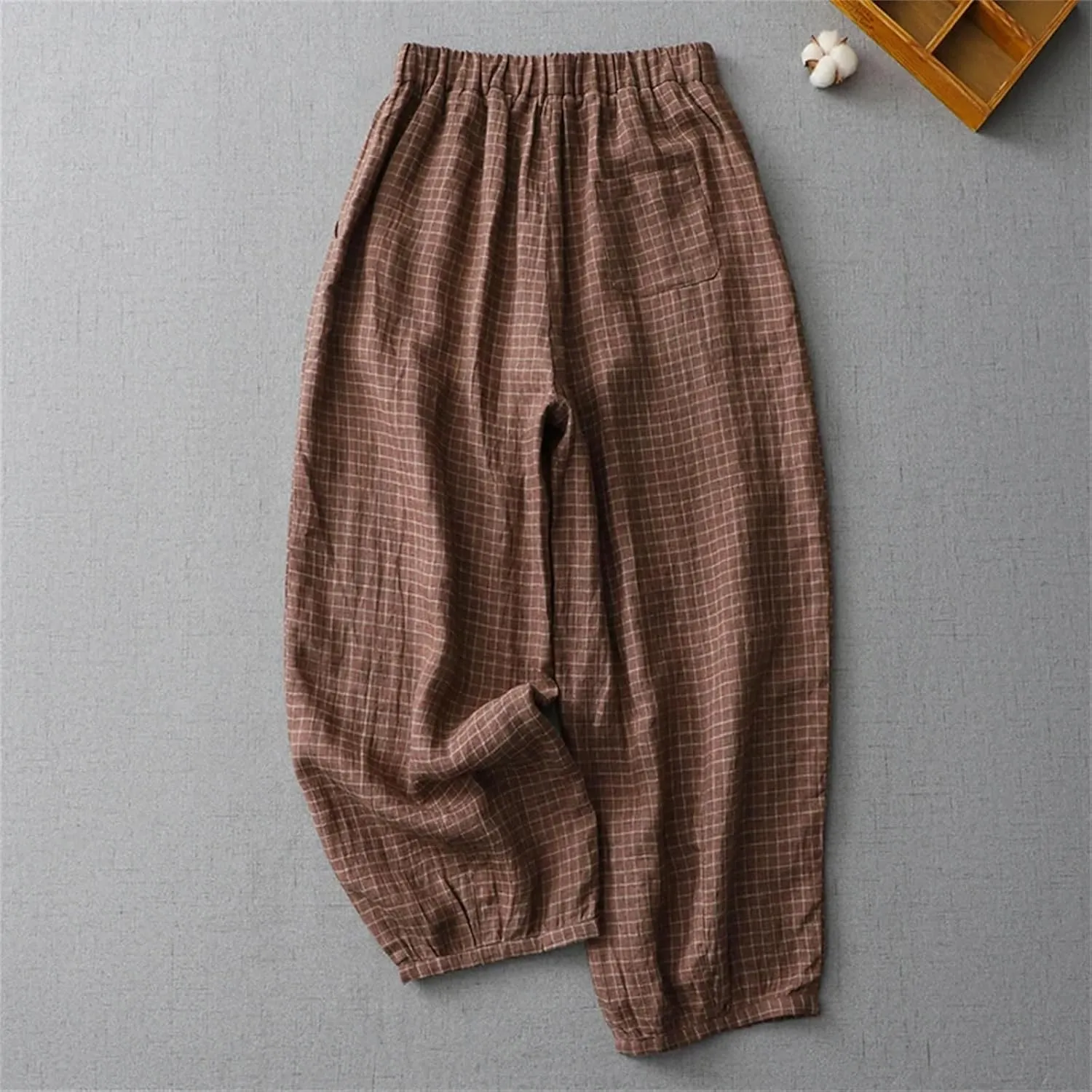 Women's Cotton Linen Plaid High Waist Pants  Summer Casual Loose Fit Wide Leg Straight Trousers