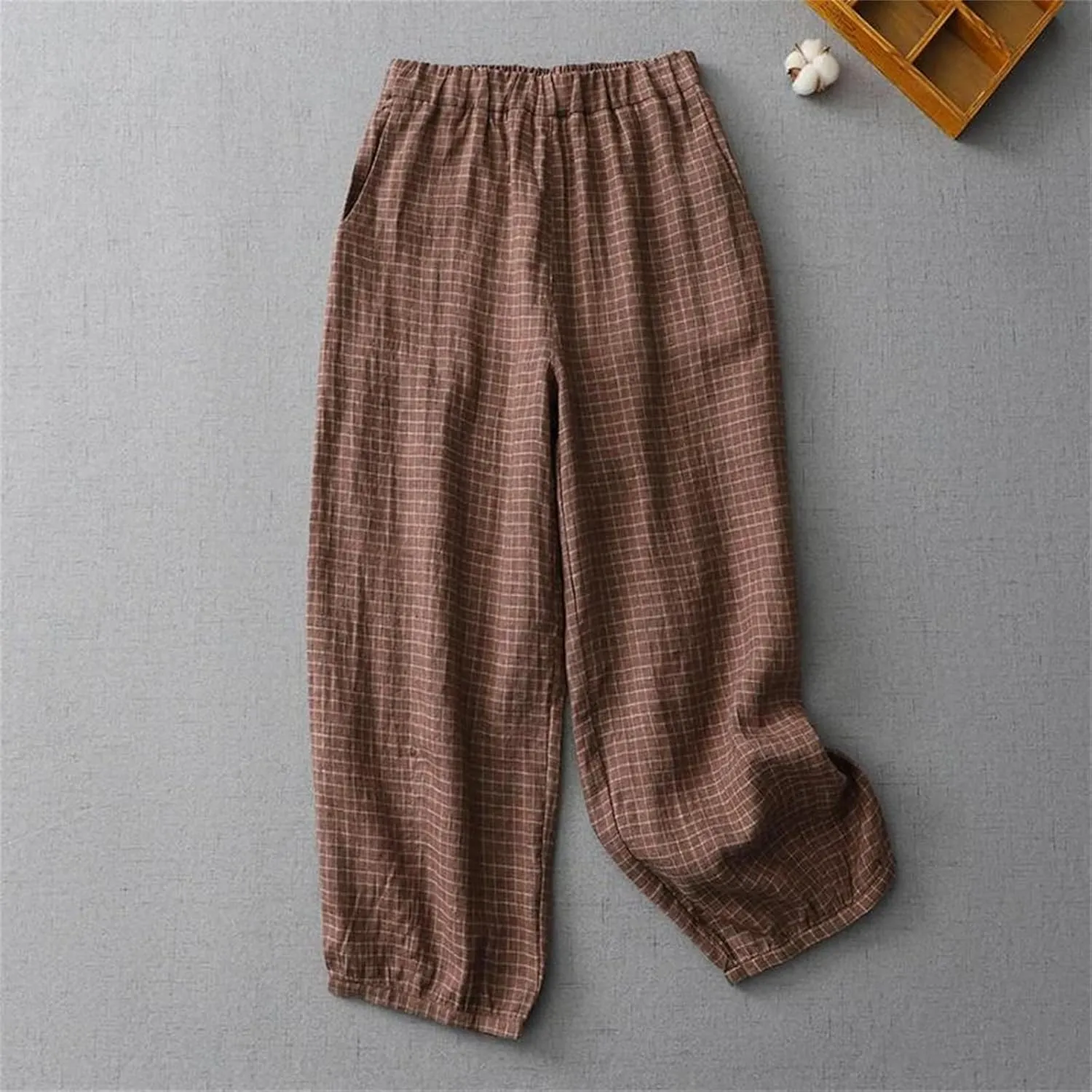 Women's Cotton Linen Plaid High Waist Pants  Summer Casual Loose Fit Wide Leg Straight Trousers