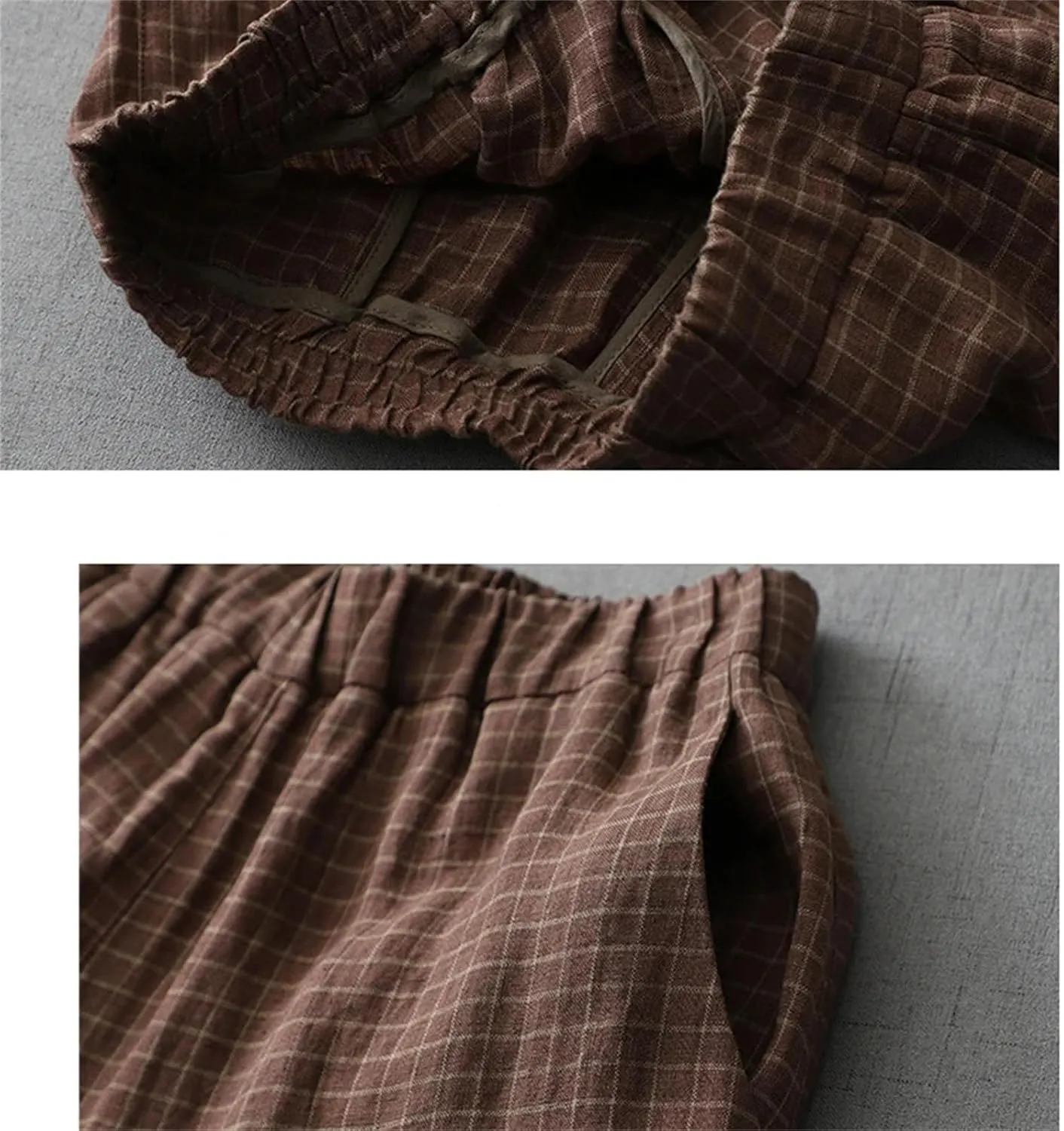 Women's Cotton Linen Plaid High Waist Pants  Summer Casual Loose Fit Wide Leg Straight Trousers
