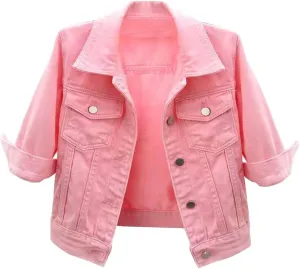 Women's Cropped Denim Jacket 3/4 Sleeve Short Jean Jacket Button Down Retro Lightweight Trucker Coat