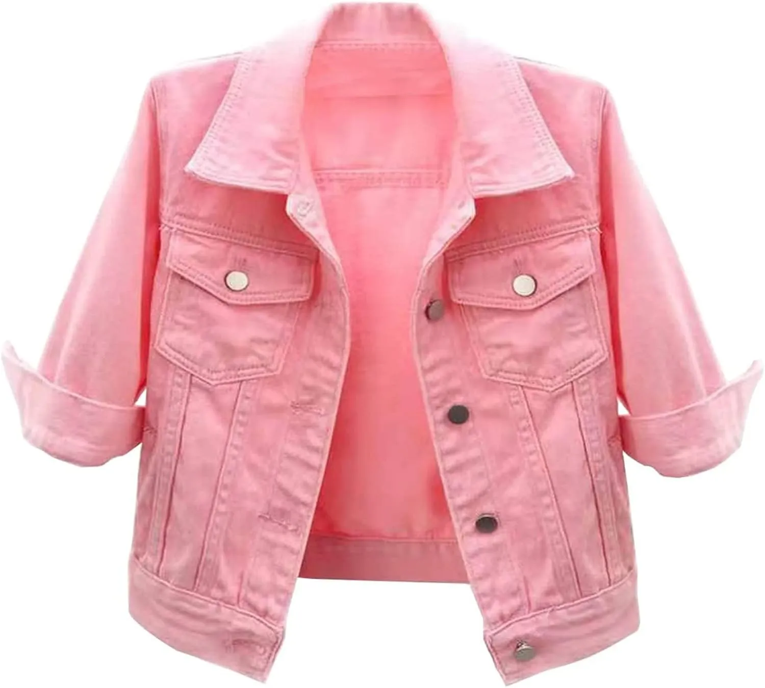 Women's Cropped Denim Jacket 3/4 Sleeve Short Jean Jacket Button Down Retro Lightweight Trucker Coat