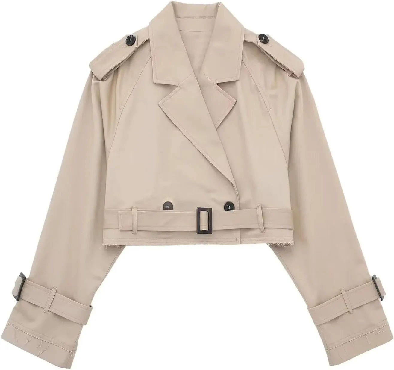 Women's Cropped Jacket Lapel Long Sleeve Double Breasted Crop Trench Coat Short Slim Fit Pea Coats Outwear with Belt