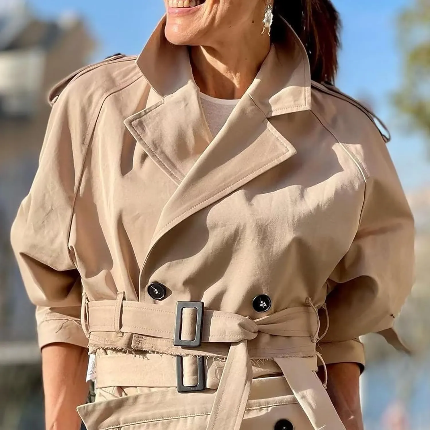 Women's Cropped Jacket Lapel Long Sleeve Double Breasted Crop Trench Coat Short Slim Fit Pea Coats Outwear with Belt
