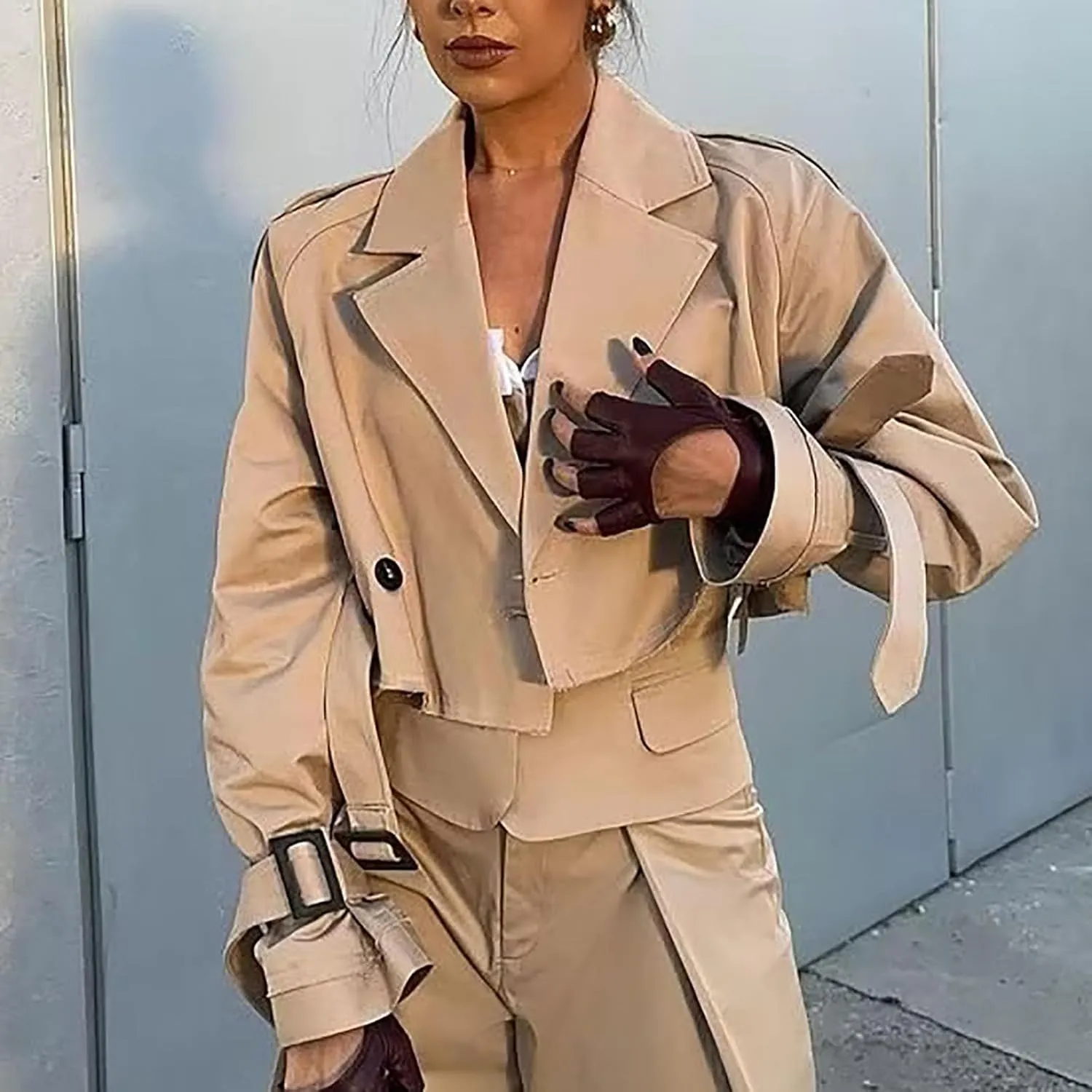 Women's Cropped Jacket Lapel Long Sleeve Double Breasted Crop Trench Coat Short Slim Fit Pea Coats Outwear with Belt