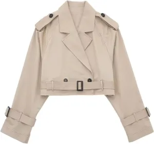 Women's Cropped Jacket Lapel Long Sleeve Double Breasted Crop Trench Coat Short Slim Fit Pea Coats Outwear with Belt