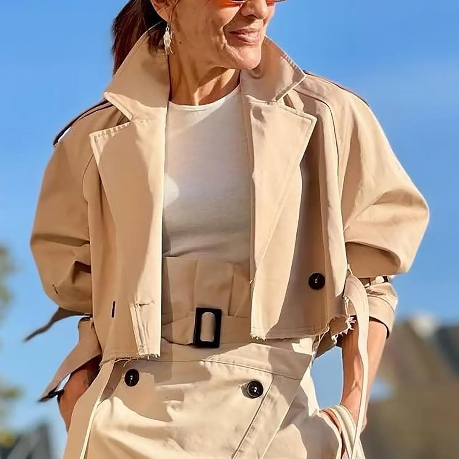 Women's Cropped Jacket Lapel Long Sleeve Double Breasted Crop Trench Coat Short Slim Fit Pea Coats Outwear with Belt
