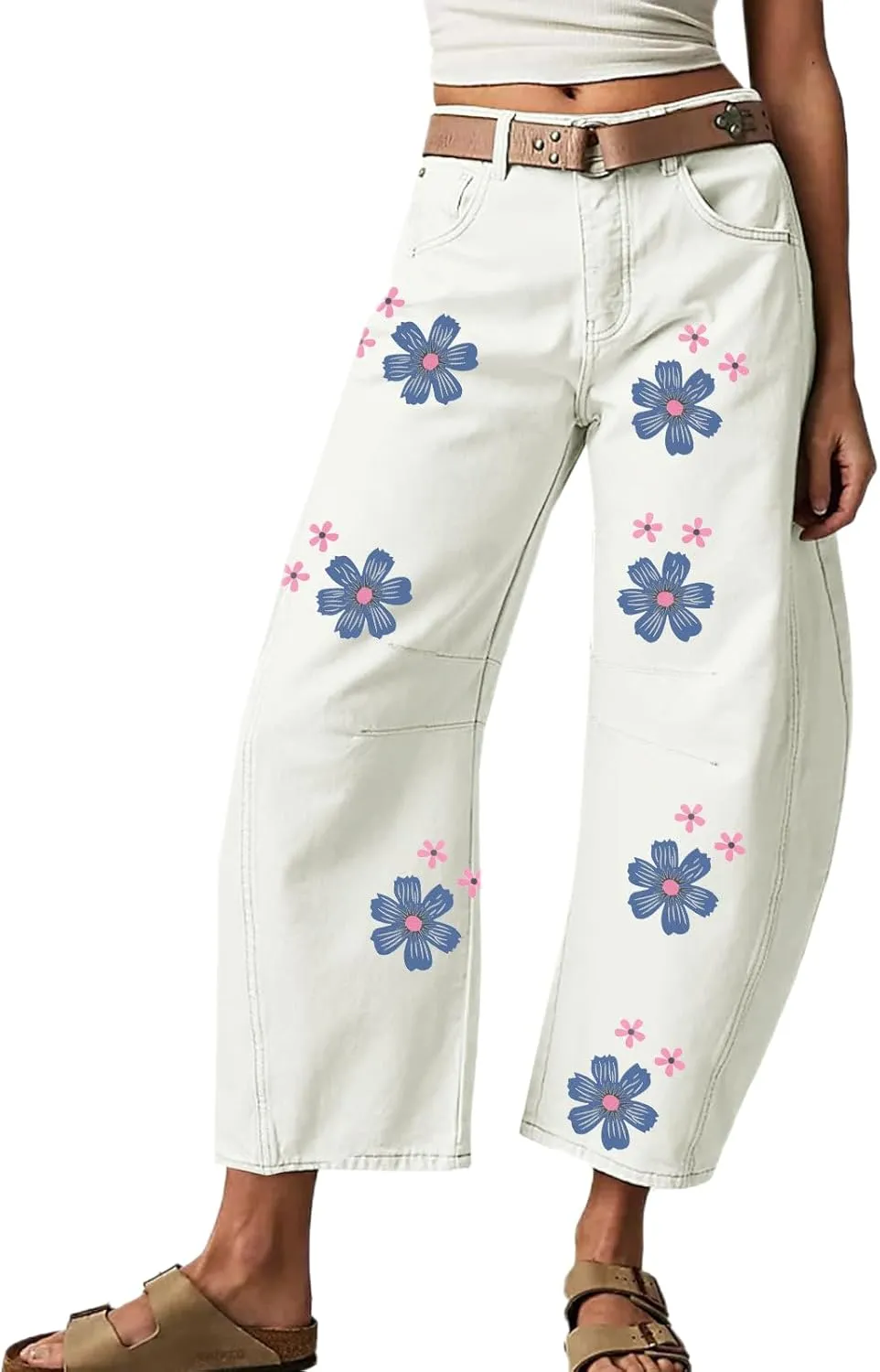 Women's Dandelion Print Wide Leg Harem Pants Baggy High Waisted Boho Hippie Palazzo Pants with Pockets