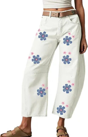 Women's Dandelion Print Wide Leg Harem Pants Baggy High Waisted Boho Hippie Palazzo Pants with Pockets
