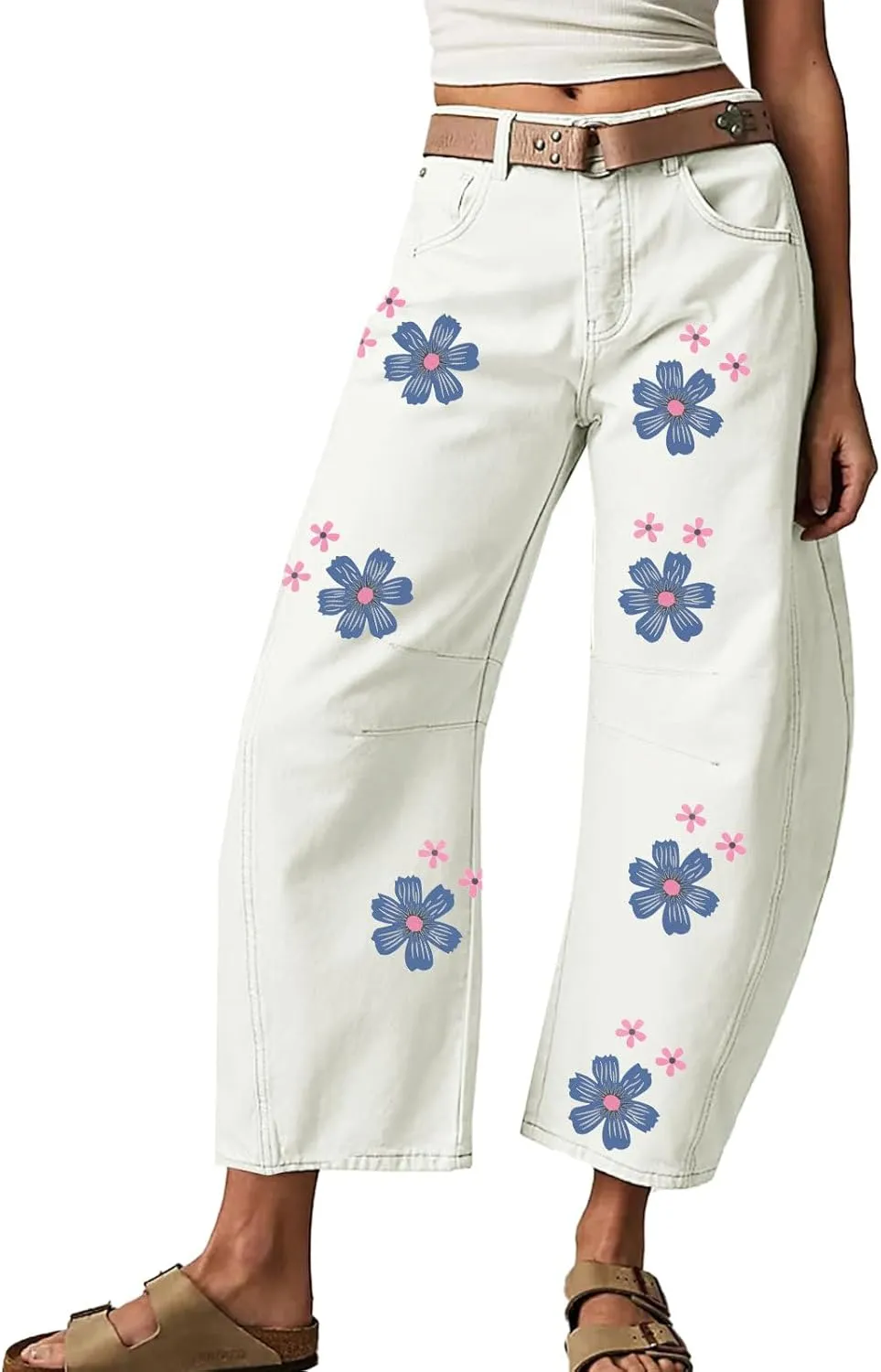 Women's Dandelion Print Wide Leg Harem Pants Baggy High Waisted Boho Hippie Palazzo Pants with Pockets