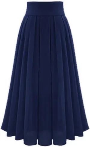 Womens Elastic High Waisted a Line Plain Midi Swing Pleated Skirts Shirring School Girl Uniform Long Skirt