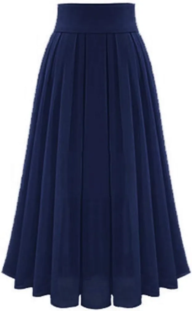 Womens Elastic High Waisted a Line Plain Midi Swing Pleated Skirts Shirring School Girl Uniform Long Skirt
