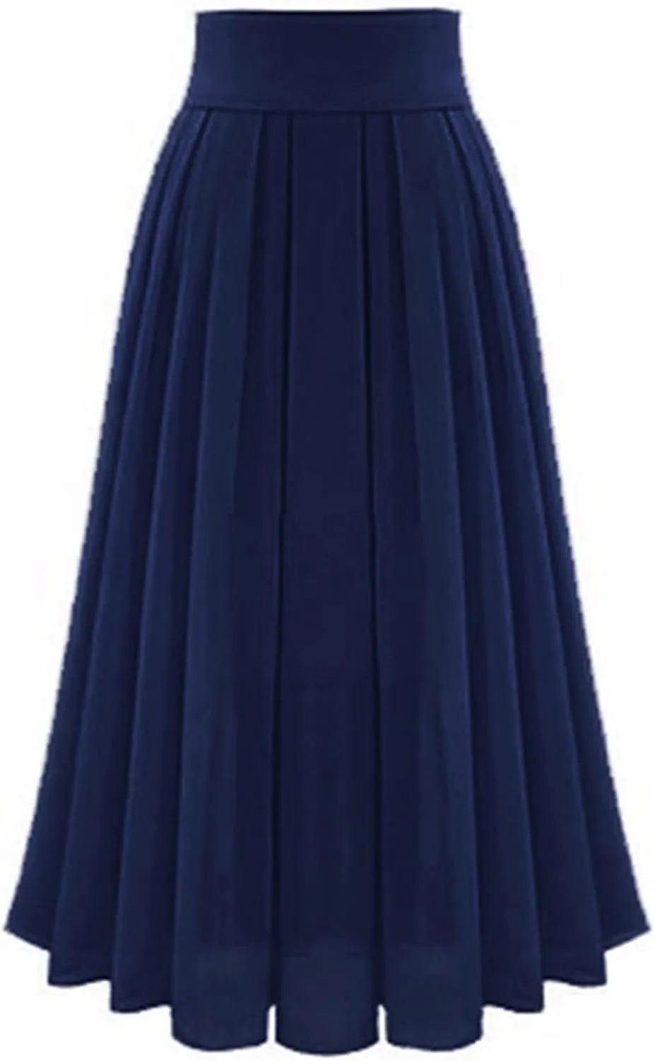 Womens Elastic High Waisted a Line Plain Midi Swing Pleated Skirts Shirring School Girl Uniform Long Skirt