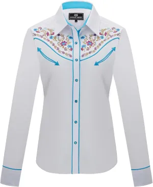 Women's Embroidered Western Cowgirl Slim Fit Shirt Long Sleeve Snap Button Down Shirt with Embroidery