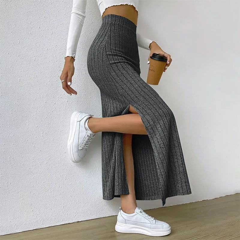 Women's Fairy Grunge Split Ribbed Knit Bodycon Maxi Skirt Dark Academia High Waisted Side Slit Pencil Long Skirts