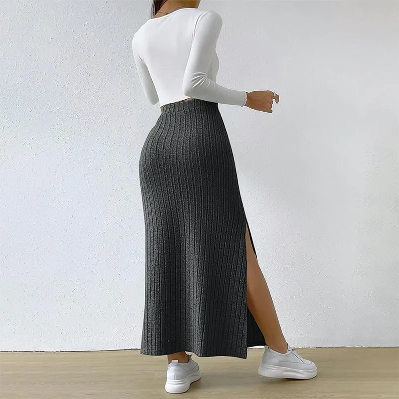 Women's Fairy Grunge Split Ribbed Knit Bodycon Maxi Skirt Dark Academia High Waisted Side Slit Pencil Long Skirts