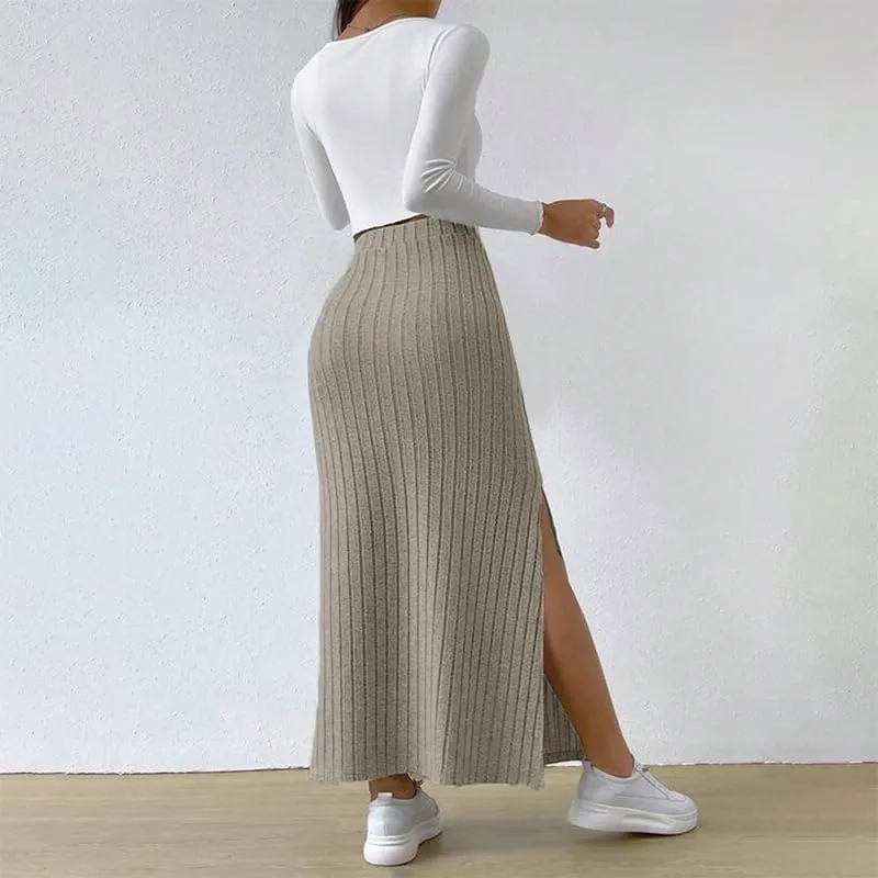 Women's Fairy Grunge Split Ribbed Knit Bodycon Maxi Skirt Dark Academia High Waisted Side Slit Pencil Long Skirts