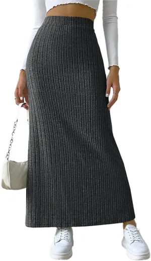 Women's Fairy Grunge Split Ribbed Knit Bodycon Maxi Skirt Dark Academia High Waisted Side Slit Pencil Long Skirts