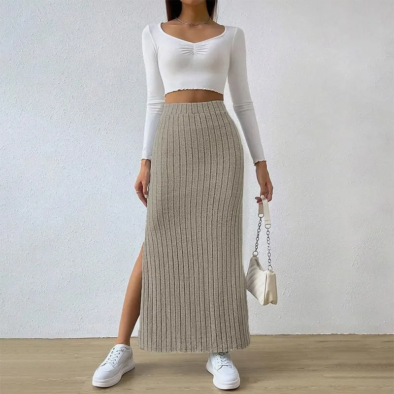 Women's Fairy Grunge Split Ribbed Knit Bodycon Maxi Skirt Dark Academia High Waisted Side Slit Pencil Long Skirts