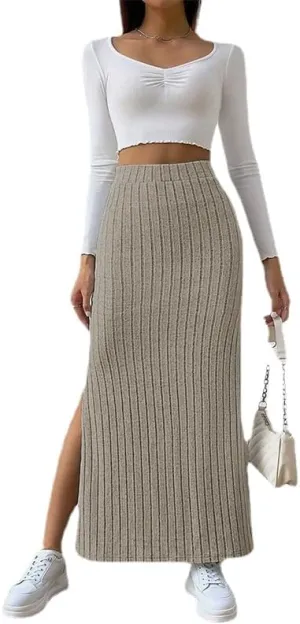 Women's Fairy Grunge Split Ribbed Knit Bodycon Maxi Skirt Dark Academia High Waisted Side Slit Pencil Long Skirts