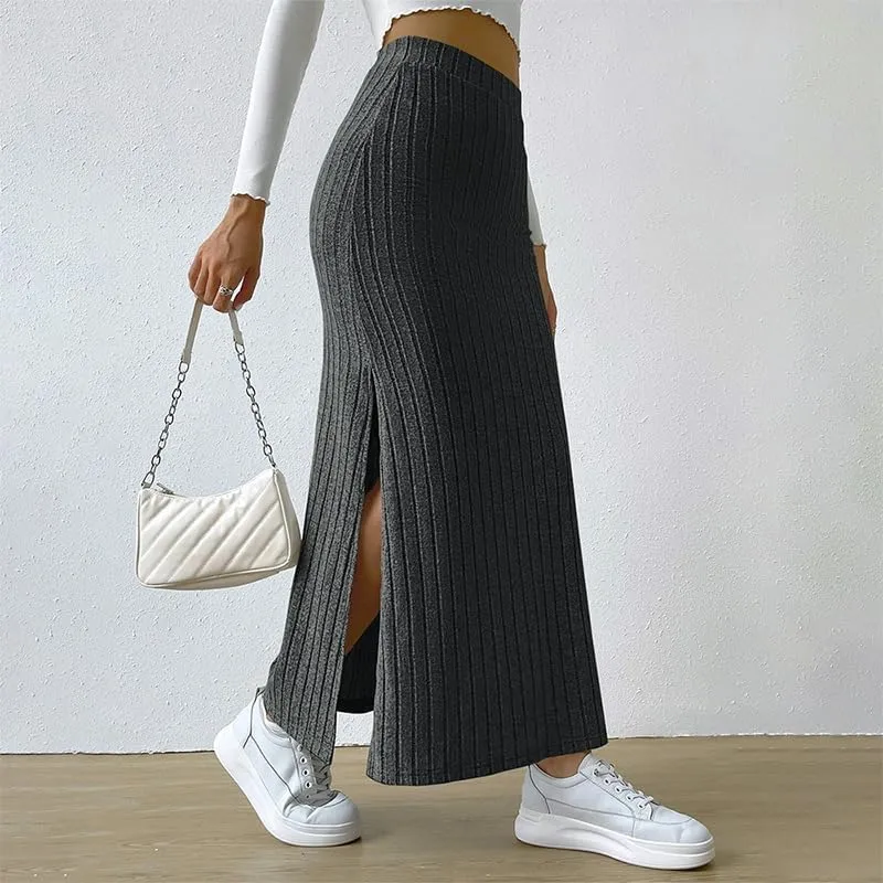 Women's Fairy Grunge Split Ribbed Knit Bodycon Maxi Skirt Dark Academia High Waisted Side Slit Pencil Long Skirts