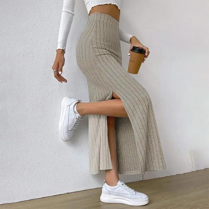Women's Fairy Grunge Split Ribbed Knit Bodycon Maxi Skirt Dark Academia High Waisted Side Slit Pencil Long Skirts