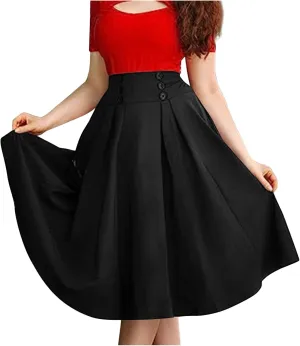 Women's Fall Winter Button Down Pleated Midi Skirt High Elastic Waisted Flowy Long Skirts Casual Solid Color Skirt