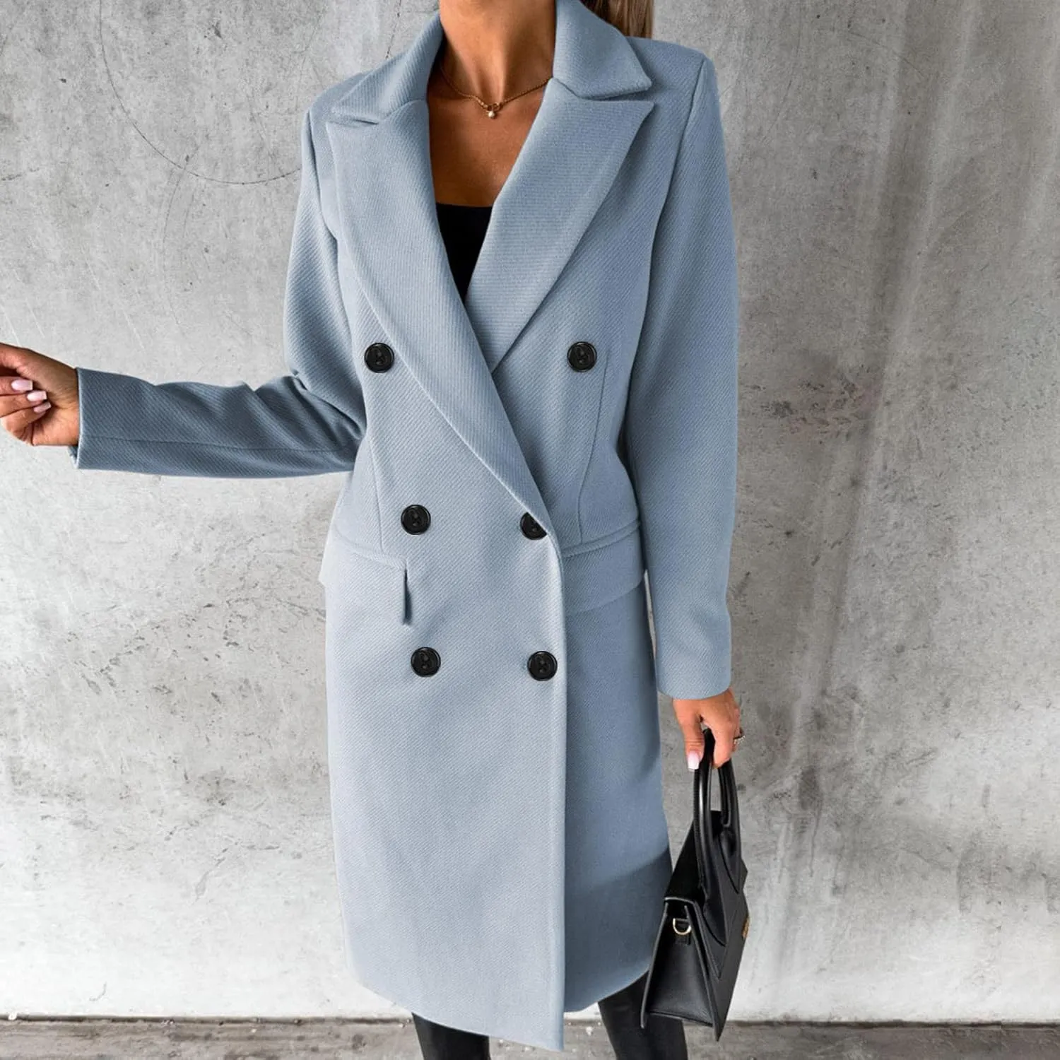 Womens Fashion Long Blazer Business Casual Double Breasted Trench Coats Notched Lapel Long Sleeve Outerwear