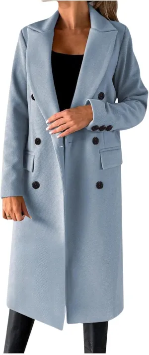 Womens Fashion Long Blazer Business Casual Double Breasted Trench Coats Notched Lapel Long Sleeve Outerwear