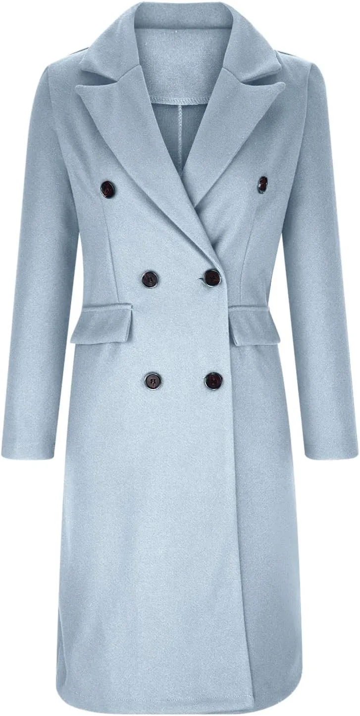 Womens Fashion Long Blazer Business Casual Double Breasted Trench Coats Notched Lapel Long Sleeve Outerwear