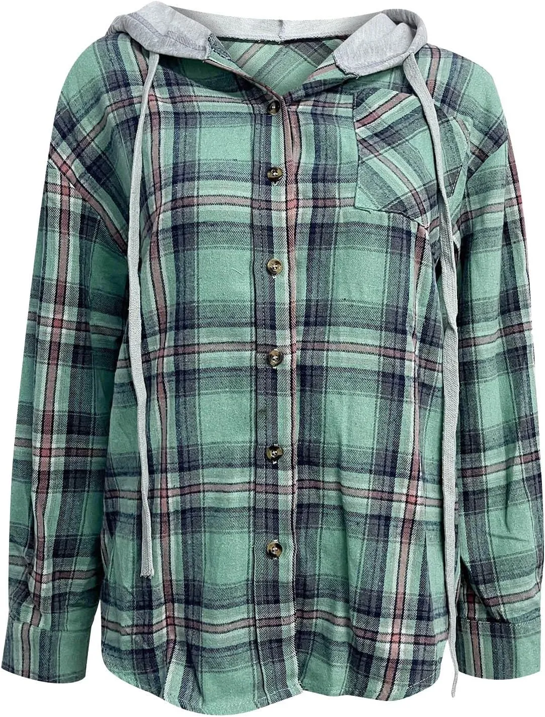 Womens Flannel Hooded Shacket Jacket Fashion Teen Girl Plaid Button Down Outerwear Shirts Preppy Fall Thin Hoodie Coat