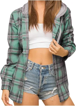 Womens Flannel Hooded Shacket Jacket Fashion Teen Girl Plaid Button Down Outerwear Shirts Preppy Fall Thin Hoodie Coat